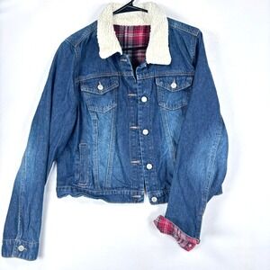 LEI‎ Sherpa Denim Jacket Western Cut Juniors Sz XL Y2K Flannel Plaid Barn Coat